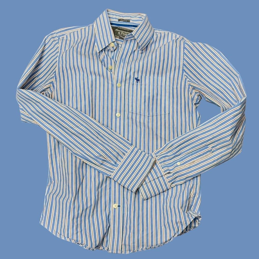 Y2K Abercrombie and FItch Button Up Striped Dress Shirt. Blue, Brown Small